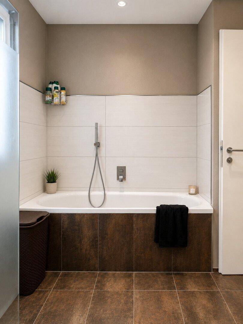 Modernes Badezimmer mit Badewanne, braunen Fliesen und beigefarbenen Wänden.