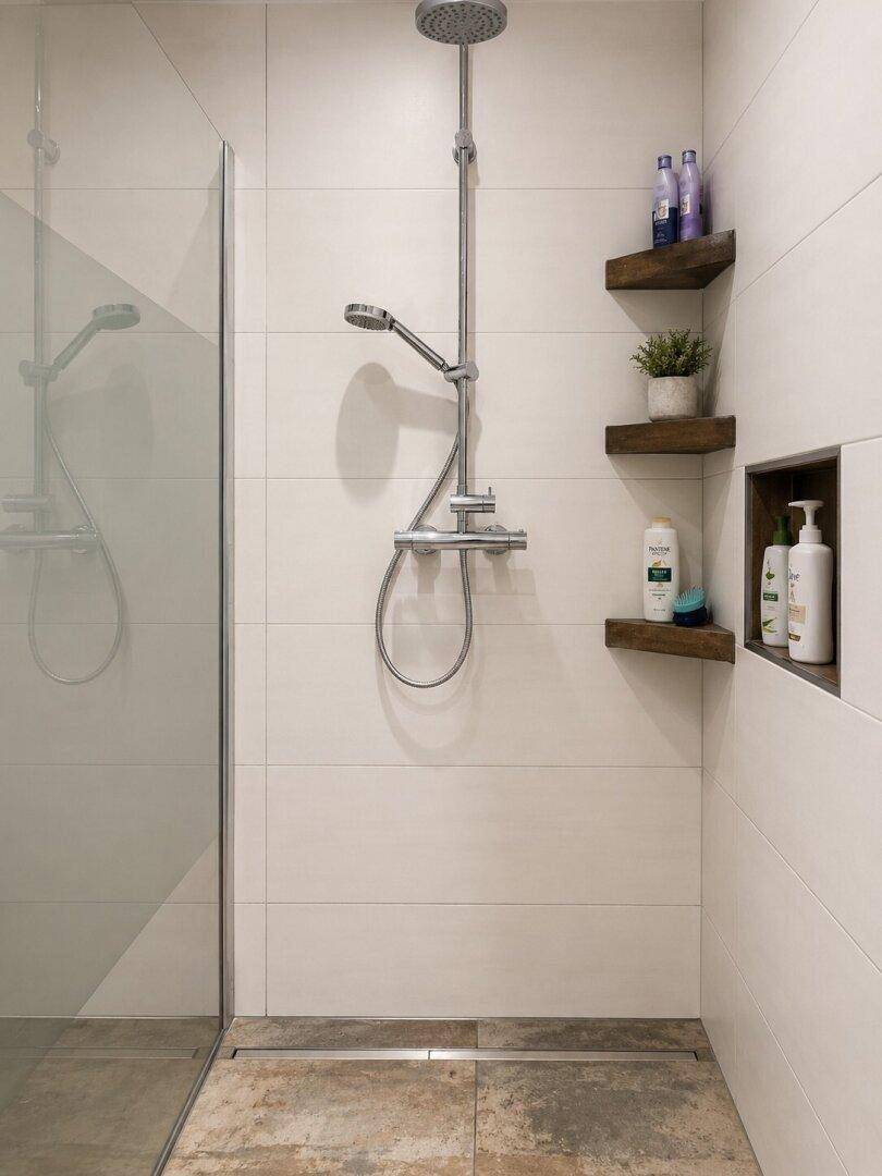 Moderne Dusche mit Glasabtrennung, Regenduschkopf und integrierten Ablagen.