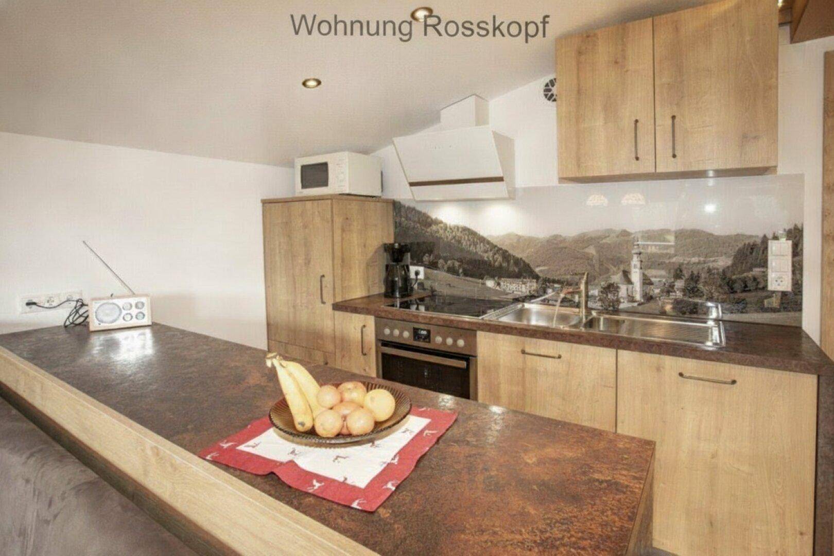 Moderne Küche mit Holzelementen, integrierten Geräten und Bergblick-Rückwand.