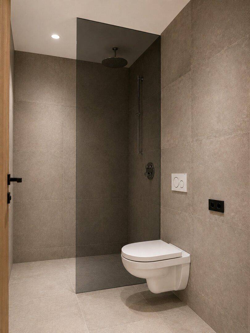 Modernes Badezimmer mit grauen Fliesen, bodengleicher Dusche und wandhängendem WC.