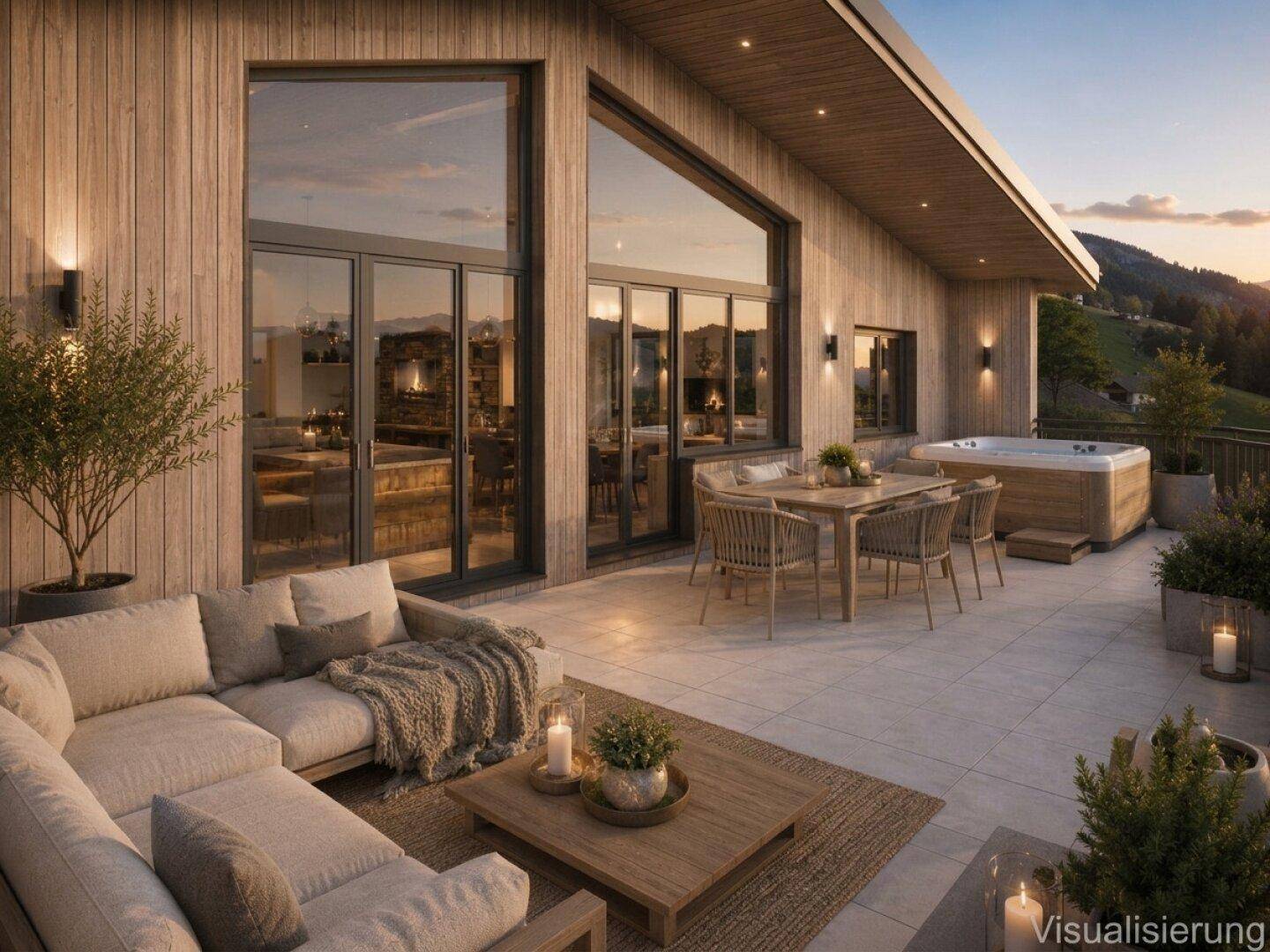 Geräumige Terrasse mit Whirlpool, Essbereich und Lounge-Möbeln, umgeben von Bergen.