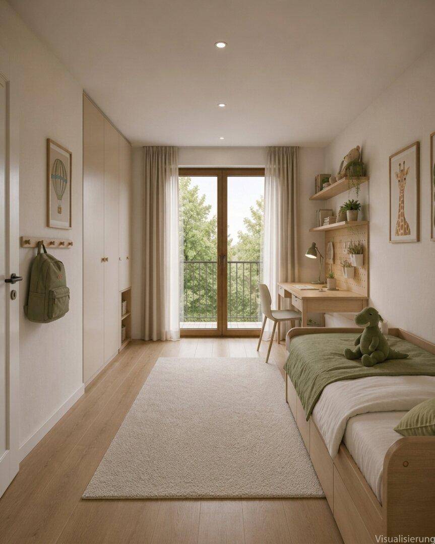Kinderzimmer mit Holzboden, Schreibtisch und Zugang zu einem französischen Balkon.