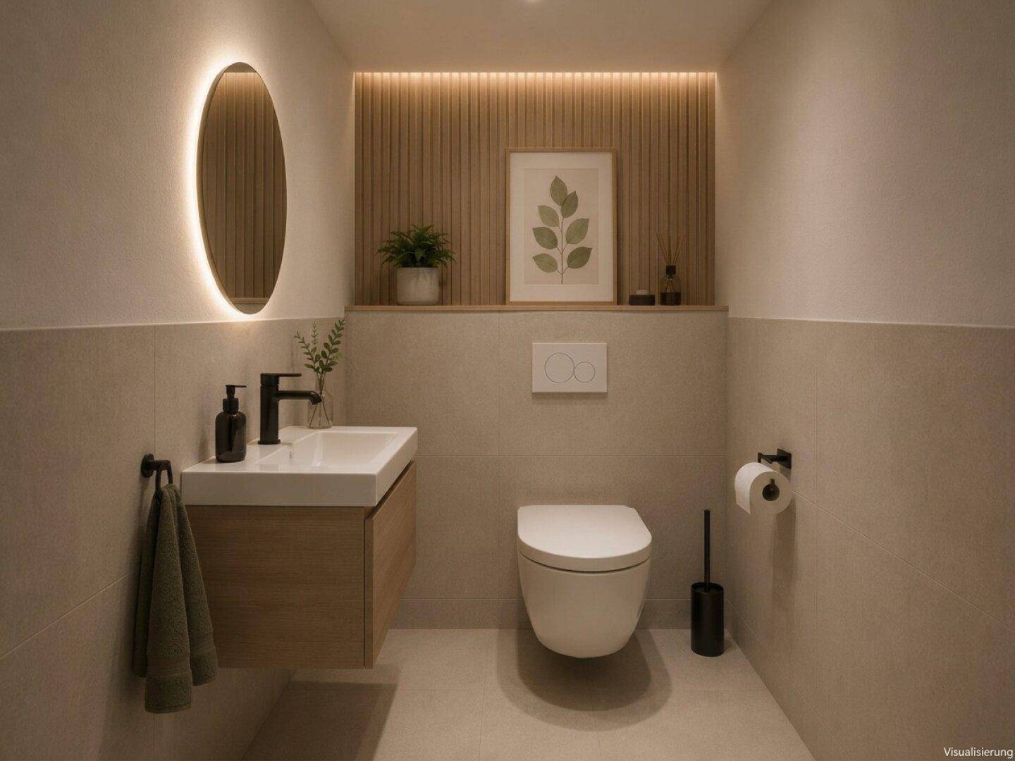 Modernes Gäste-WC mit schwebendem Waschtisch, Wand-WC und indirekter Beleuchtung.