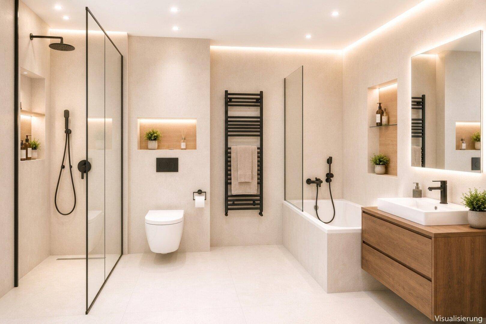 Elegantes Badezimmer mit begehbarer Dusche, Badewanne und beheiztem Handtuchhalter.