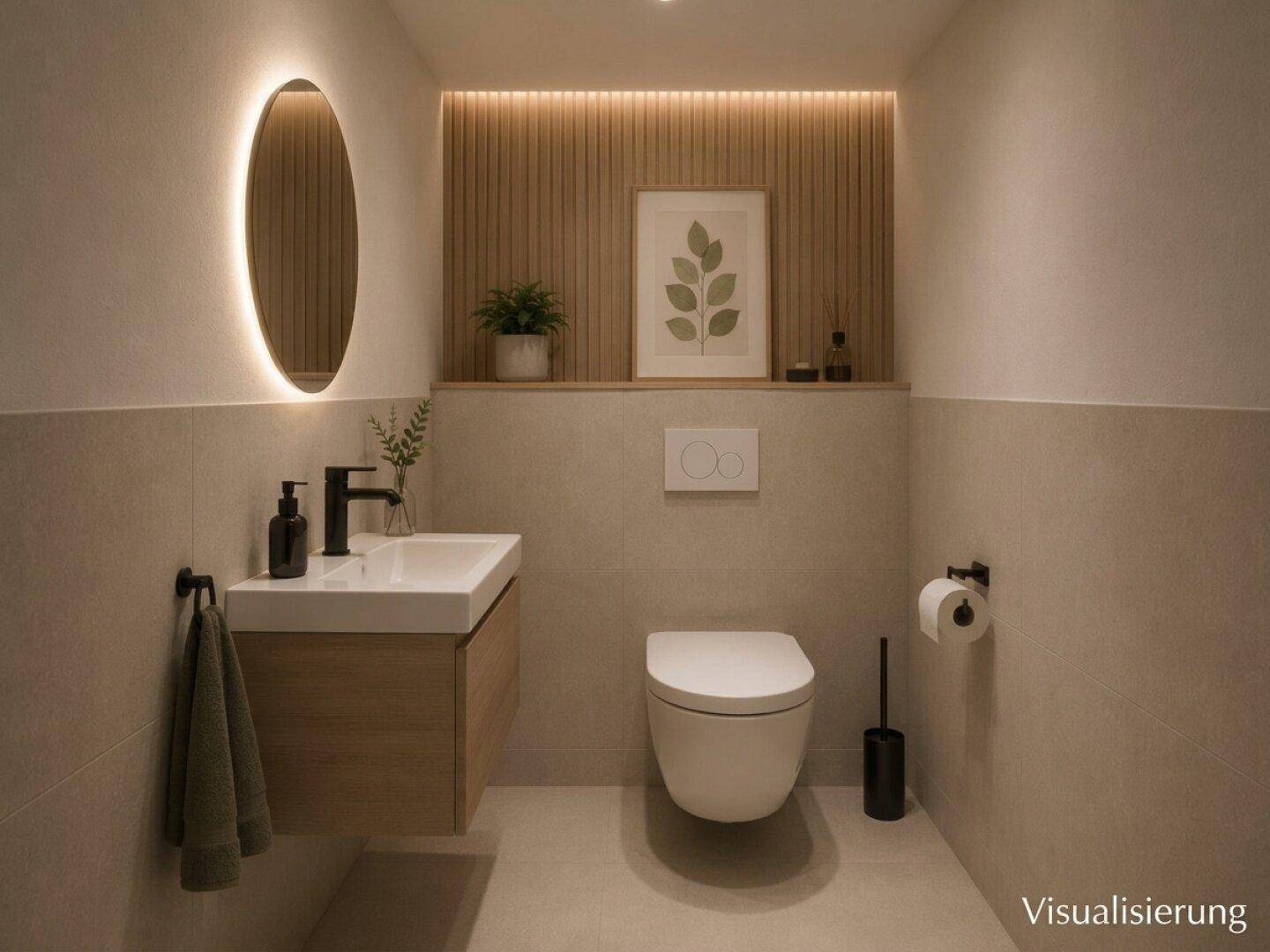 Modernes Gäste-WC mit Wand-WC, stilvollem Waschbecken und beleuchtetem Spiegel.