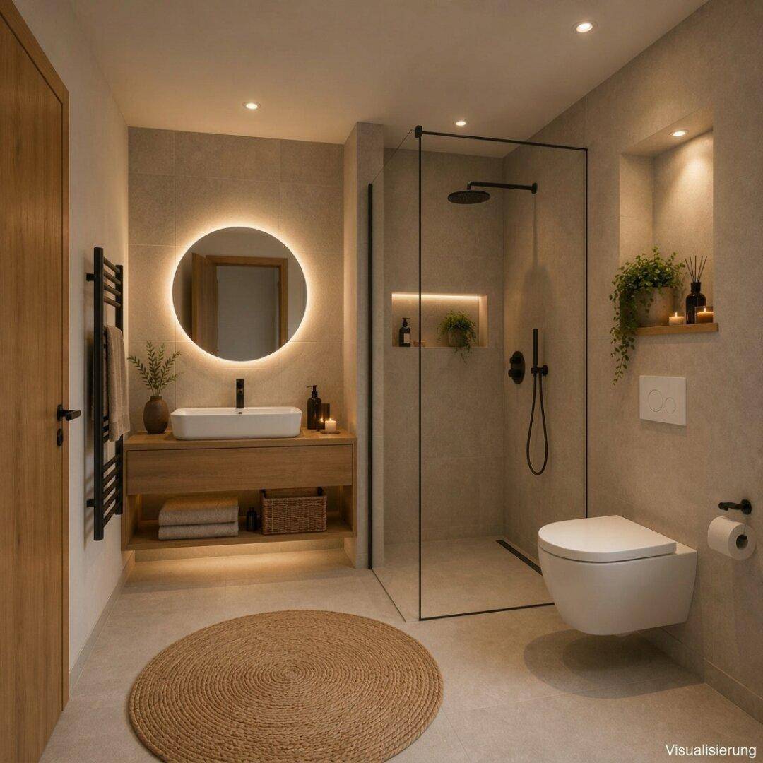 Elegantes Badezimmer mit begehbarer Dusche, Wand-WC, modernem Waschtisch und beleuchtetem Spiegel.