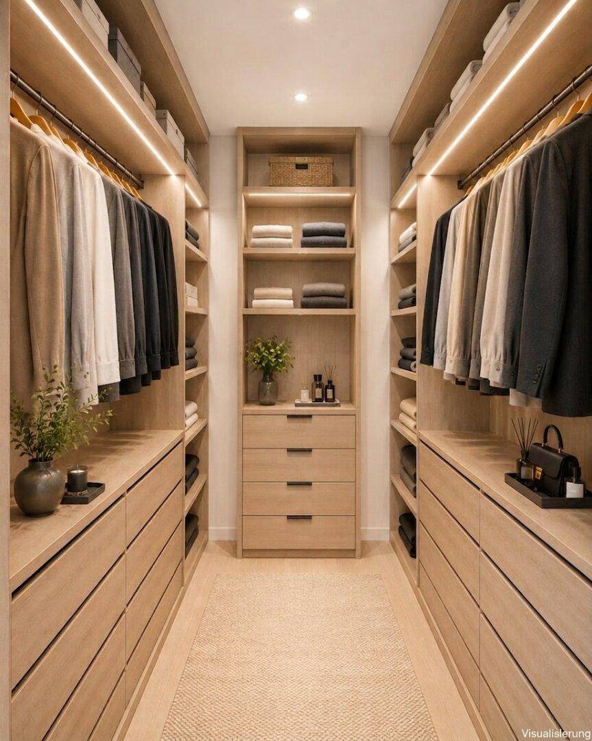 Geräumiger begehbarer Kleiderschrank mit viel Stauraum und integrierten Regalen.