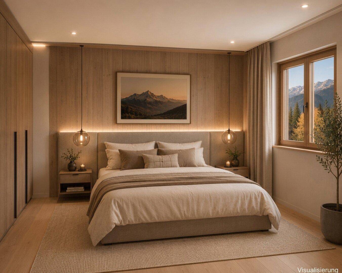 Gemütliches Schlafzimmer mit Holzwandverkleidung, großem Bett und herrlichem Bergblick.