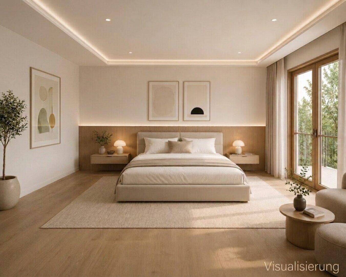 Modernes Schlafzimmer mit Holzboden, indirekter Beleuchtung und Zugang zum Balkon.