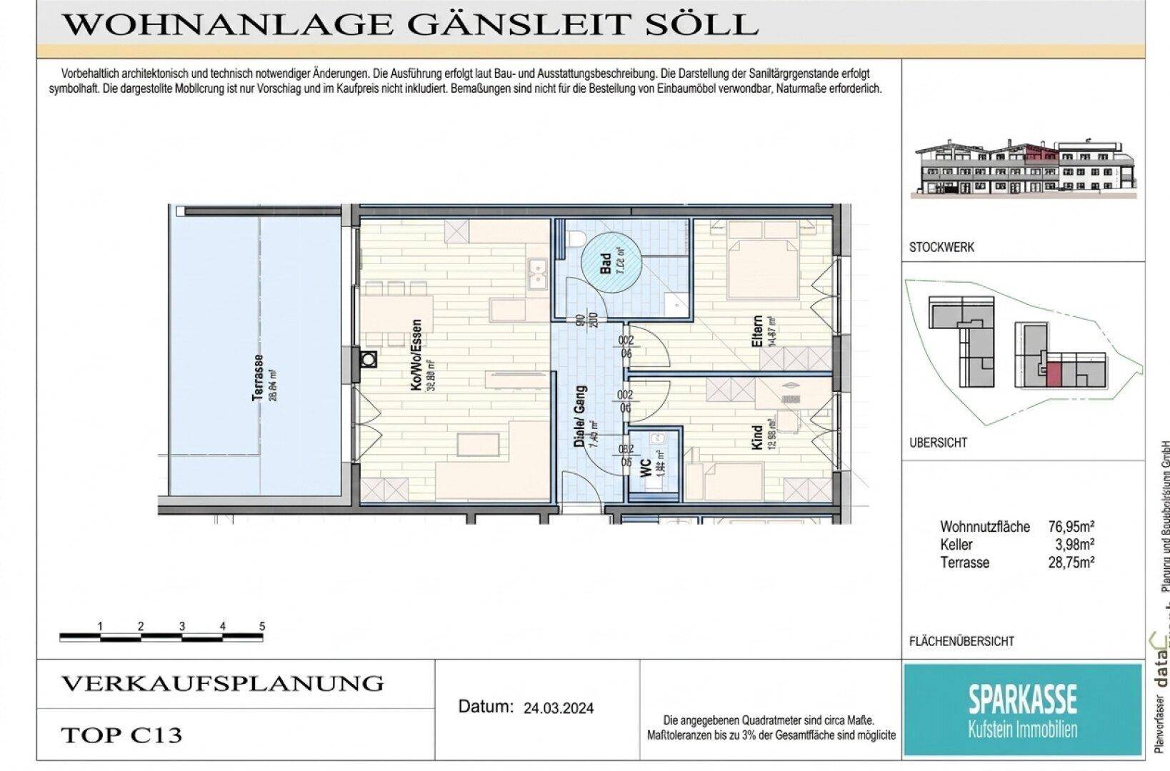 Grundriss einer Wohnung mit Terrasse, Wohn-Essbereich, Bad und zwei Schlafzimmern.
