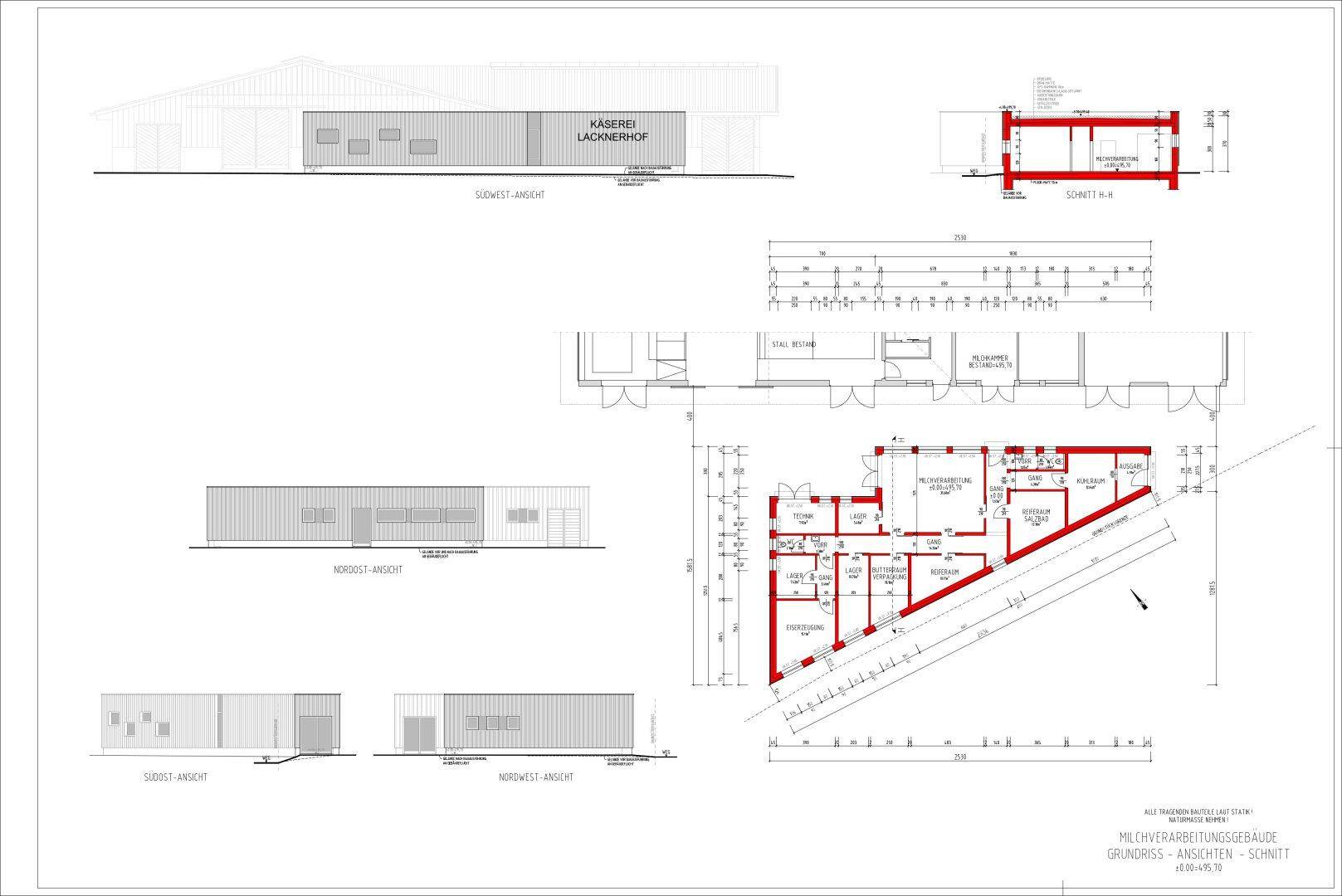 Architektonischer Plan mit verschiedenen Ansichten und einem detaillierten Grundriss des Gebäudes.