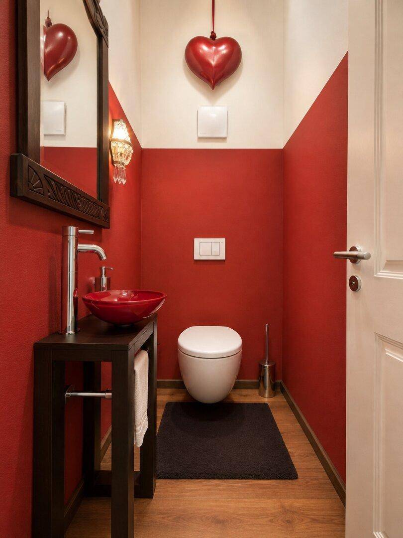 Kleines Gäste-WC mit roter Wandfarbe, modernem Waschbecken und wandmontierter Toilette.