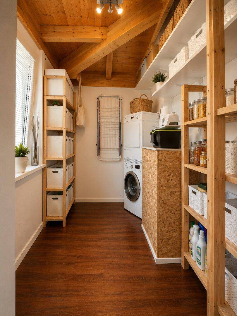 Funktionaler Hauswirtschaftsraum mit Waschmaschine, Trockner und Regalen für Vorräte unter der Holzbalkendecke.