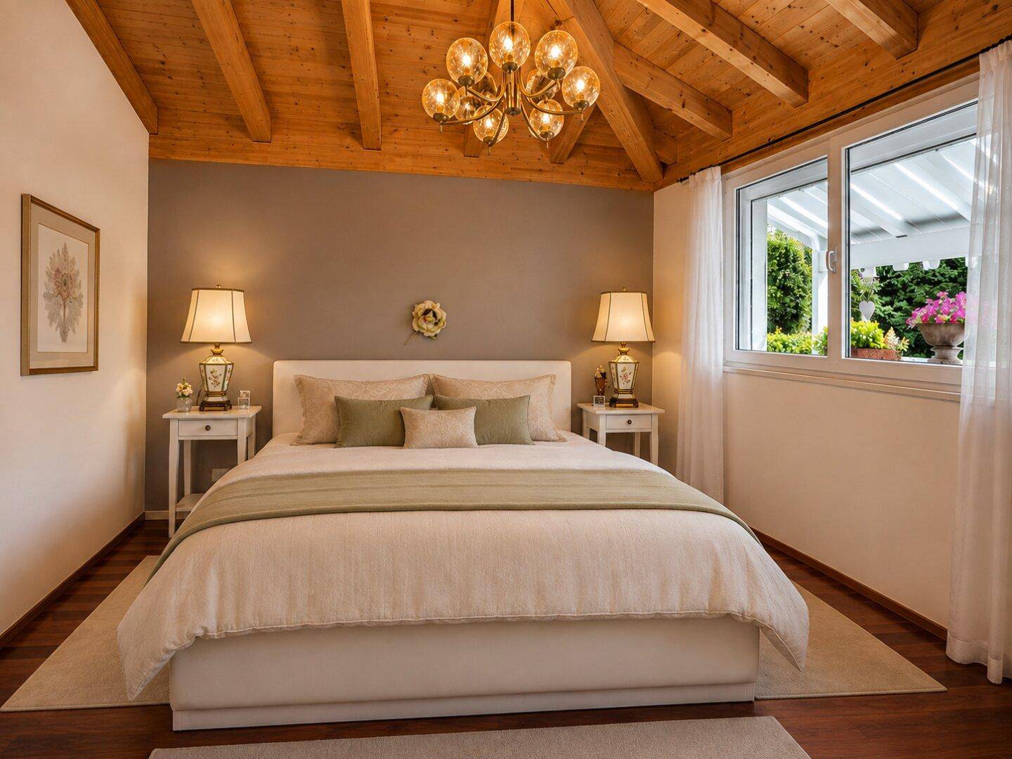Helles Schlafzimmer mit Holzbalkendecke, großem Bett und Blick ins Grüne durch das Fenster.