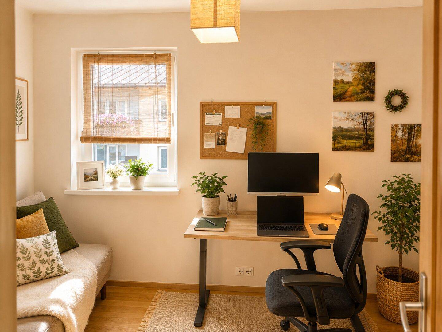 Helles Arbeitszimmer mit Schreibtisch, bequemer Liege und Blick ins Grüne durch das Fenster.
