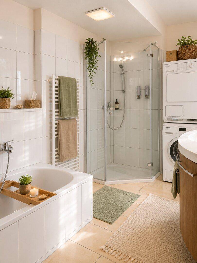 Modernes Badezimmer mit Badewanne, Eckdusche, Waschmaschine und Trockner in hellen Fliesen.