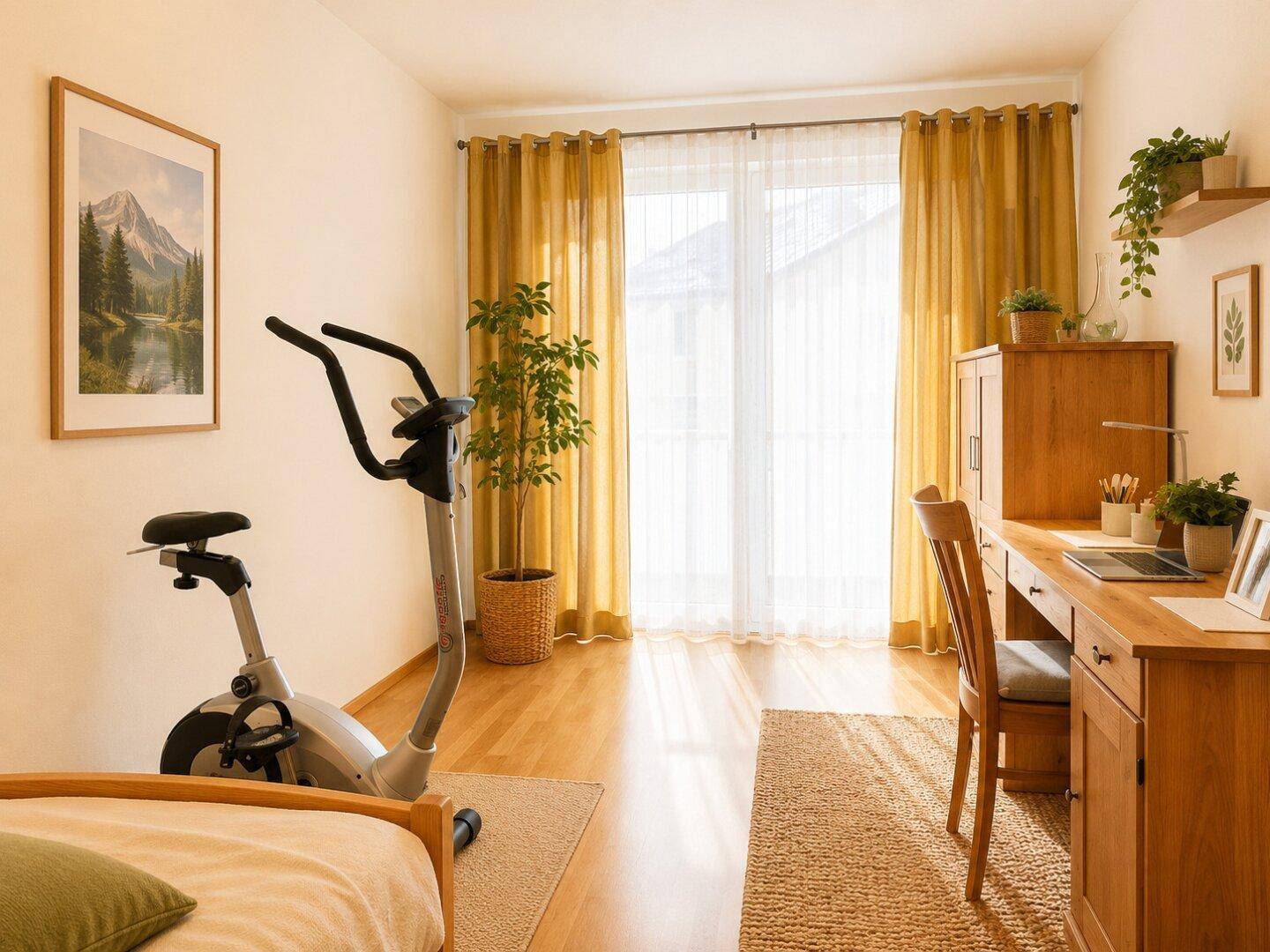Freundliches Zimmer mit Holzboden, Schreibtisch, Trainingsgerät und Zugang zum Balkon.