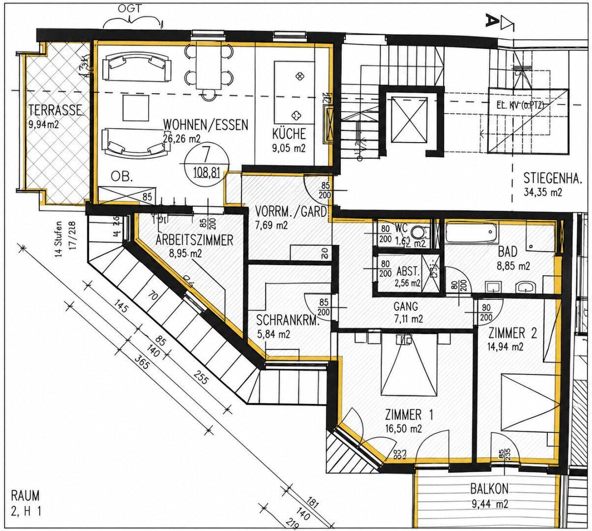 Detaillierter Grundriss mit Wohn-/Essbereich, Küche, Terrasse und Balkon, inklusive Maßen.