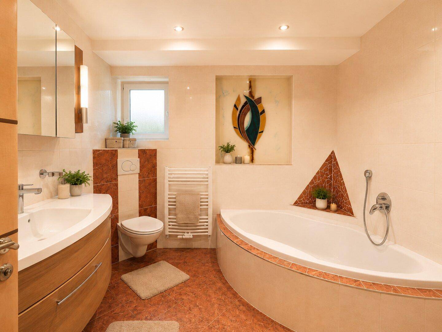 Modernes Badezimmer mit Eckbadewanne, Waschtisch und Fenster für Tageslicht.