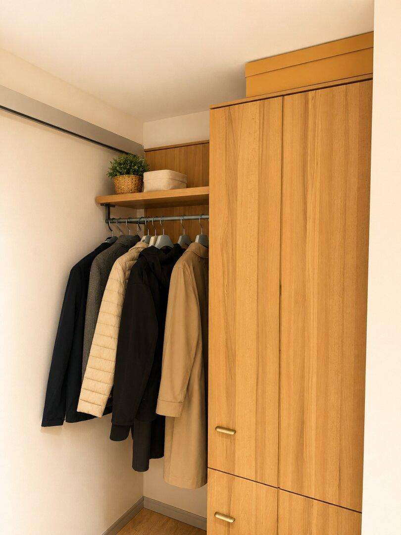 Praktischer Einbauschrank mit Kleiderstange und Ablagefläche für zusätzlichen Stauraum.