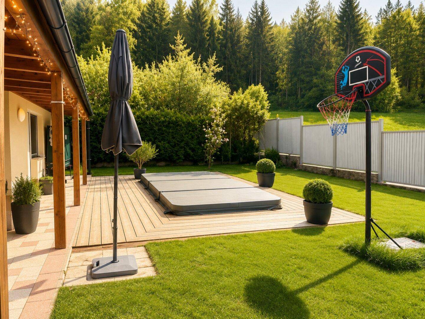 Großer Garten mit Holzterrasse, Whirlpool und Basketballkorb, umgeben von Bäumen.