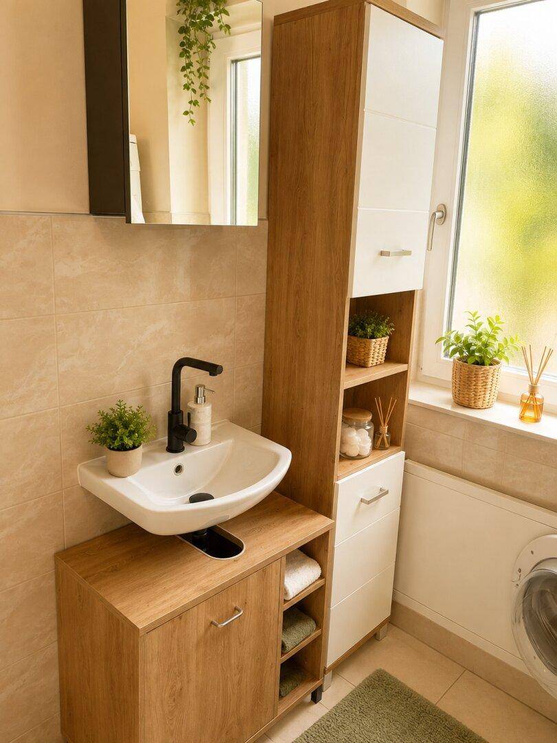 Kleines Badezimmer mit Waschbecken, Spiegelschrank und Fenster für frische Luft.
