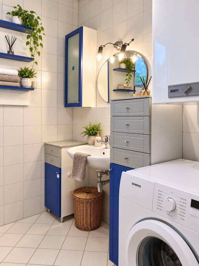 Helles Badezimmer mit weißen Fliesen, blauen Akzenten, Waschbecken und Waschmaschine.