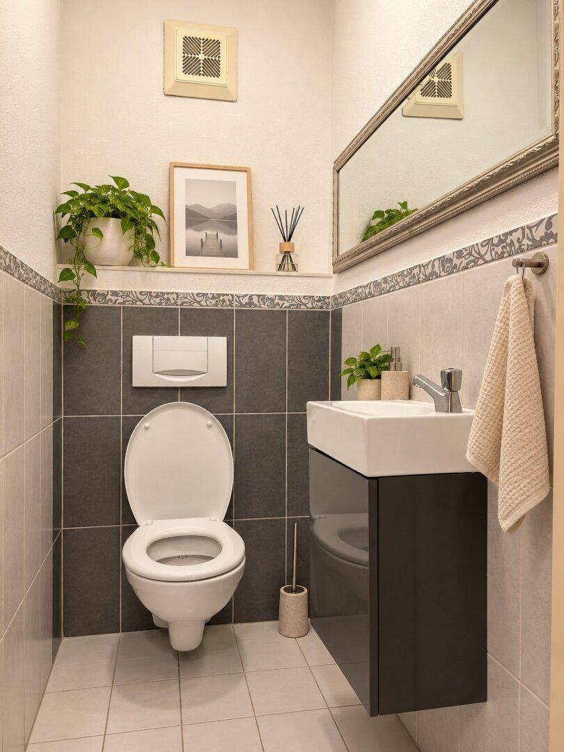 Modernes Gäste-WC mit dunklen und hellen Fliesen, wandhängendem WC und kleinem Waschbecken.