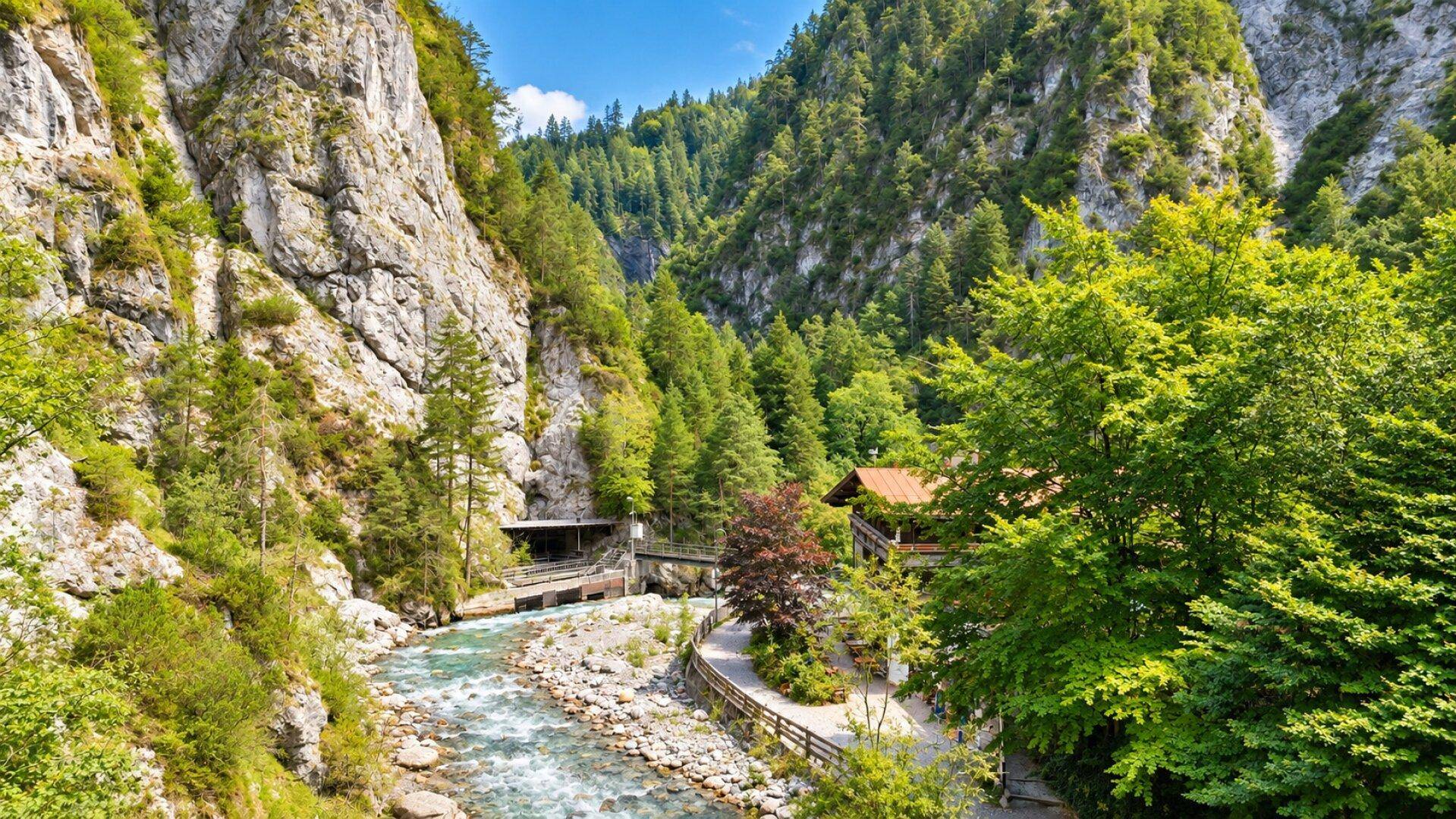 Weitläufige Landschaftsaufnahme mit Bergen, Wäldern und einem Fluss, das Gebäude ist im Hintergrund sichtbar.
