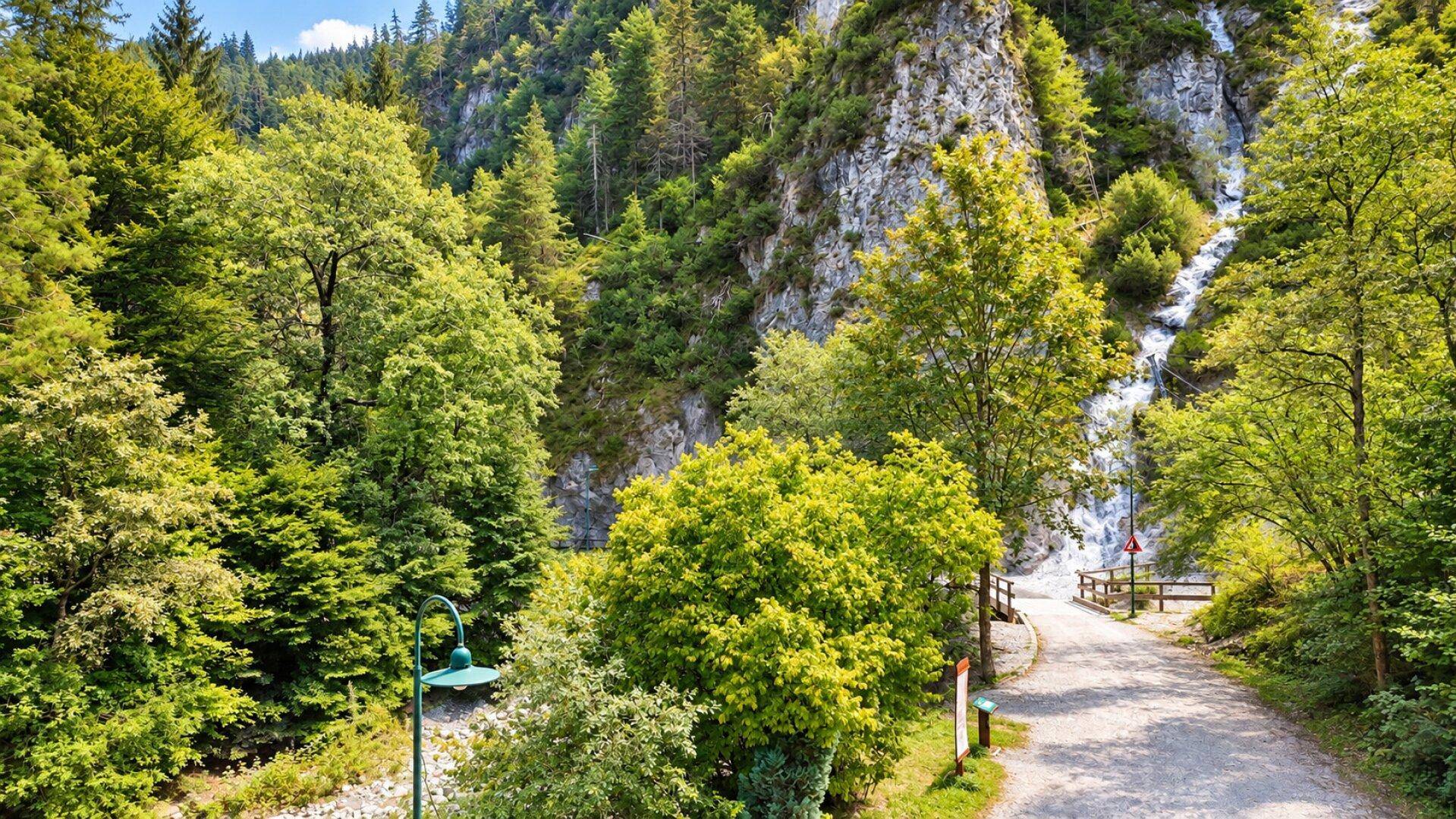 Wanderweg durch eine bewaldete Berglandschaft mit einem Wasserfall in der Ferne, umgeben von üppigem Grün.
