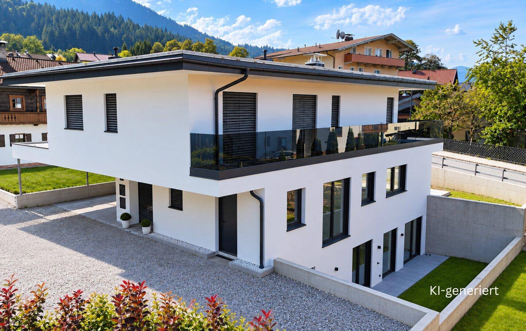 KI-generierte Außenansicht eines modernen Neubaus mit Balkon und großzügiger Auffahrt.