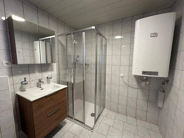 Modernes Badezimmer mit Duschkabine, Waschbeckenunterschrank und einem Wandheizkörper.