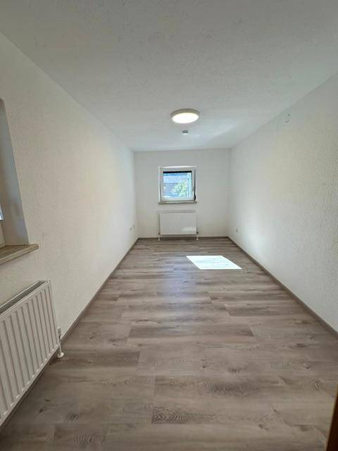 Heller, leerer Raum mit Laminatboden und einem Heizkörper unter dem Fenster.