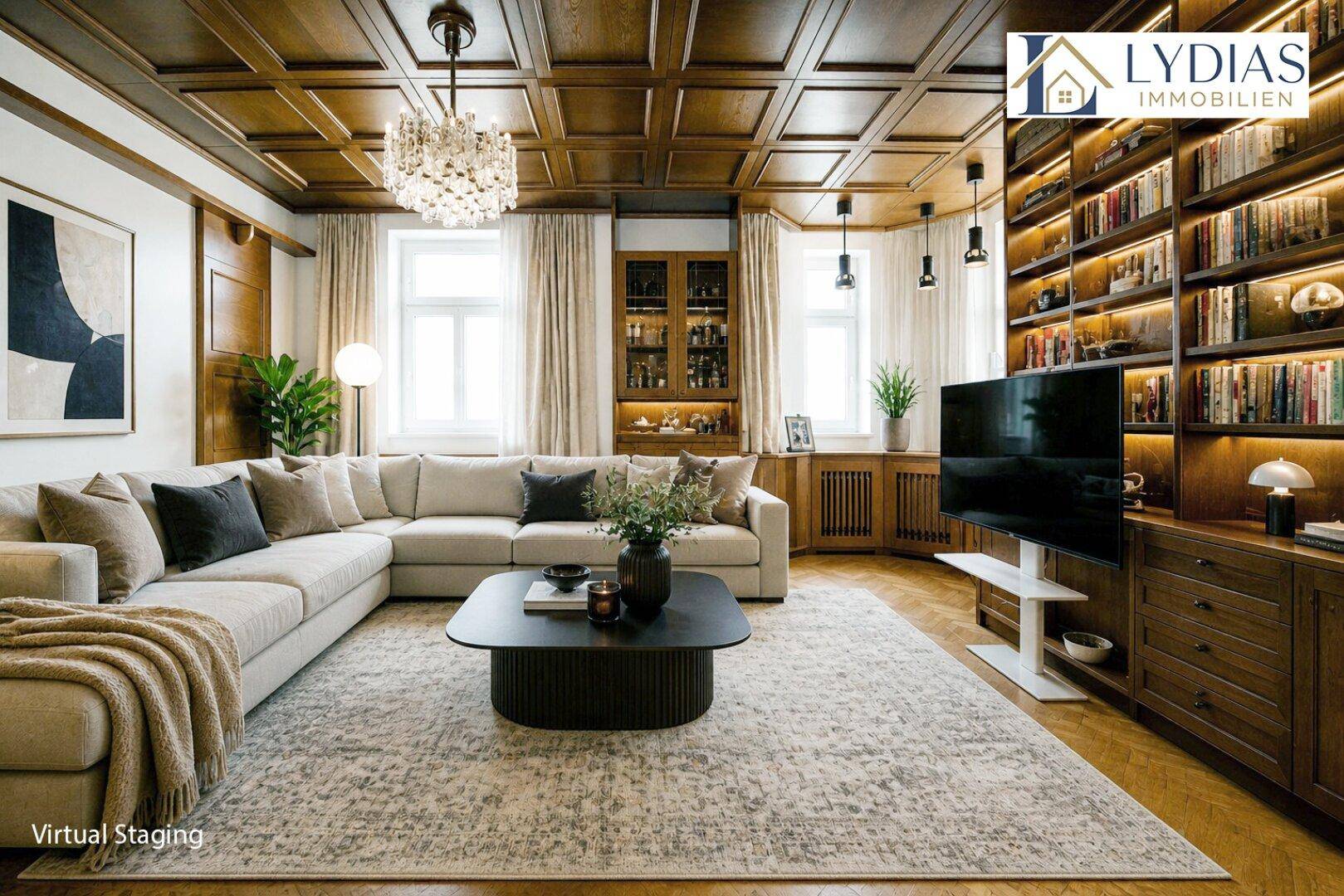 Elegant inszeniertes Wohnzimmer mit Holzkassettendecke, Parkettboden und integrierten Bücherregalen.