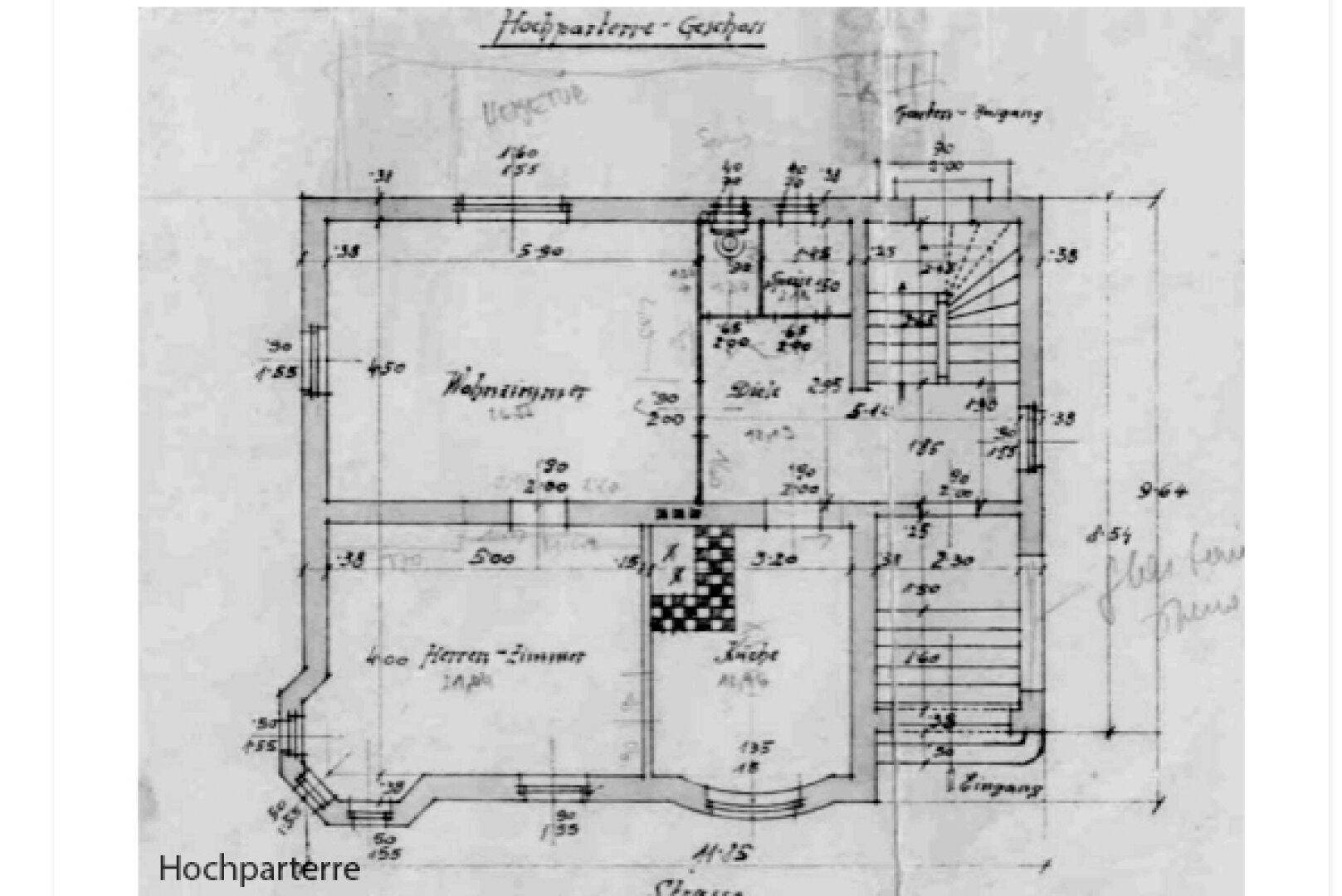 Historischer Grundriss des Hochparterres mit Wohnzimmer, Herrenzimmer und Küche.