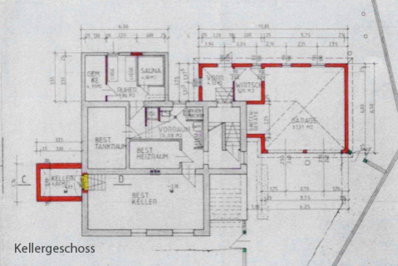 Grundriss des Kellergeschosses mit Sauna, Heizraum und Garage.