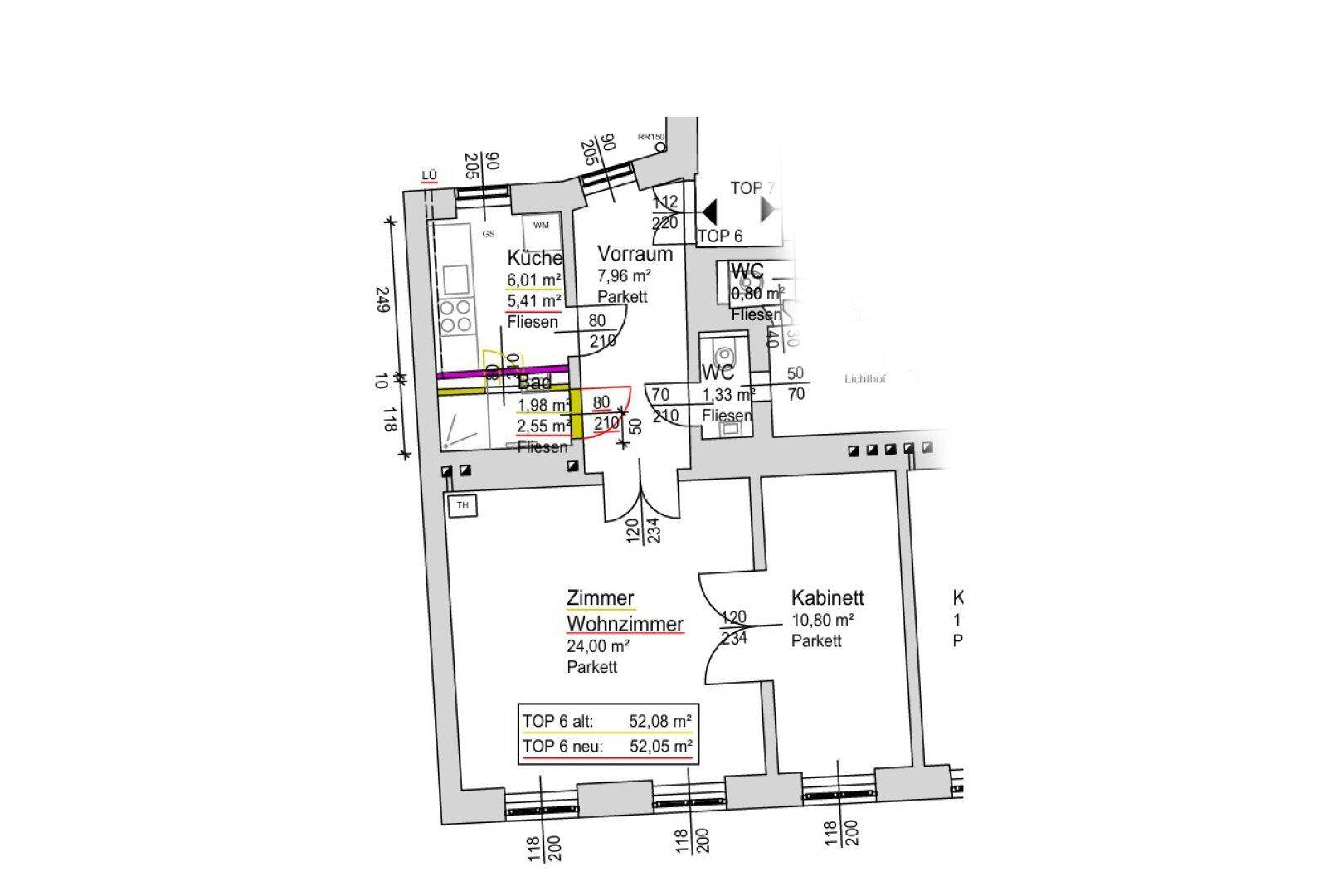 Grundriss der Wohnung mit Wohnzimmer, Küche und separaten WCs.