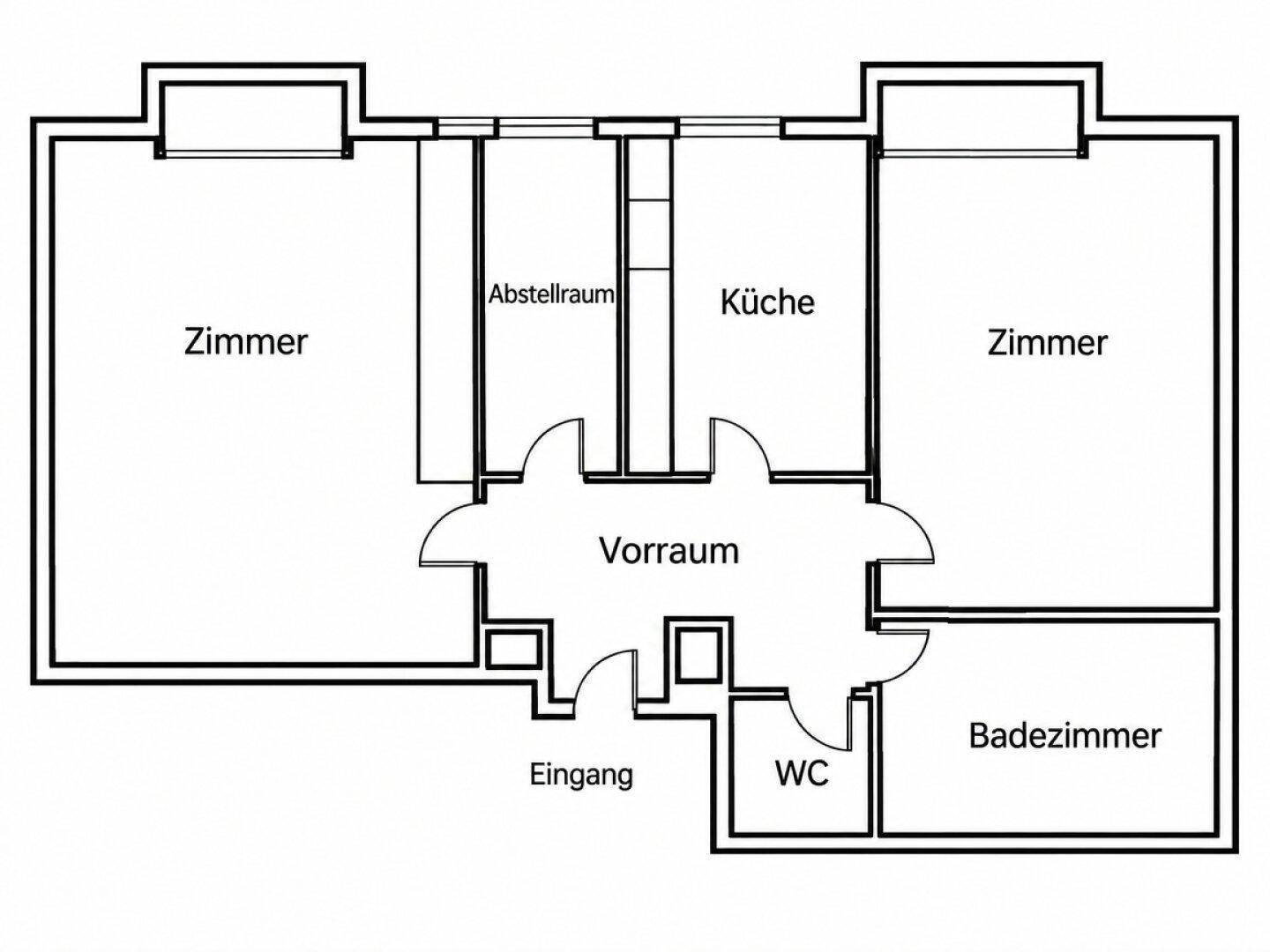 Grundriss zeigt die Aufteilung der Zimmer, Küche, Bad und WC.