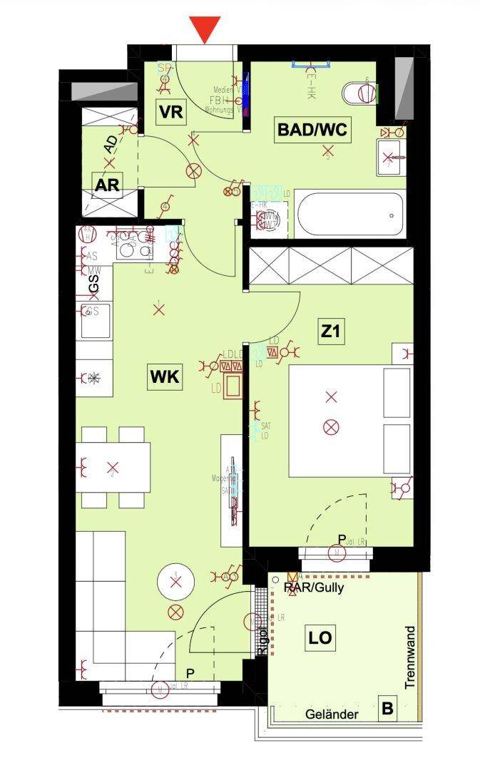 Grundriss der Wohnung mit Wohnbereich, Schlafzimmer und Balkon.