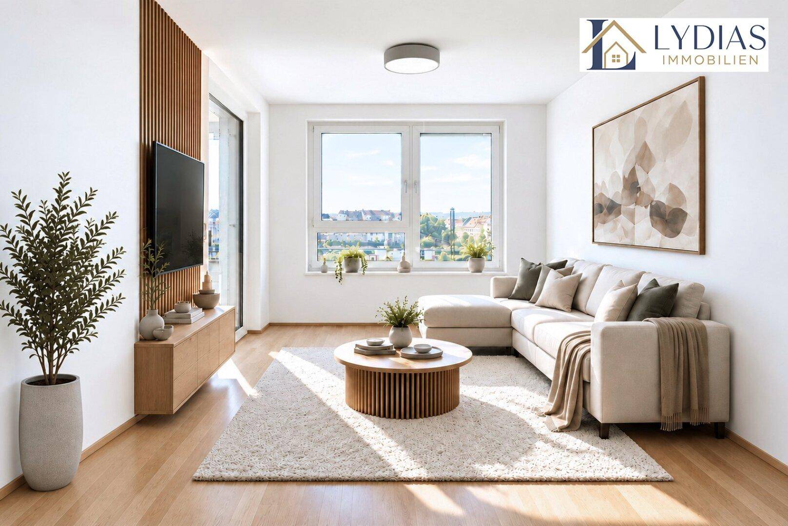Helles Wohnzimmer mit modernem Sofa, Holzboden und Zugang zum Balkon.
