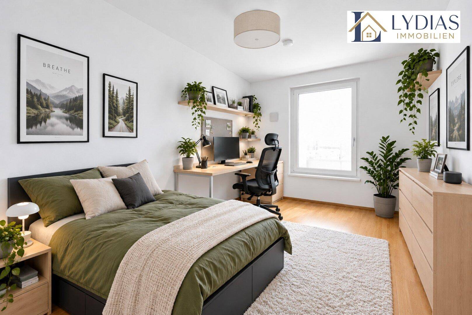 Modern eingerichtetes Schlafzimmer mit Schreibtisch, Pflanzen und hellem Holzboden.