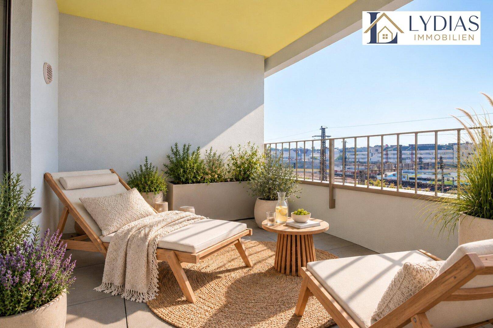 Geräumiger Balkon mit Liegestühlen, Pflanzen und weitem Blick über die Umgebung.