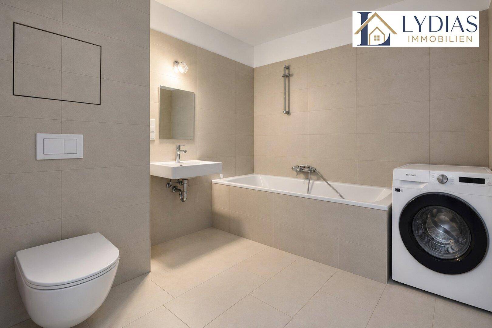 Modernes Badezimmer mit Badewanne, WC, Waschbecken und Waschmaschine.