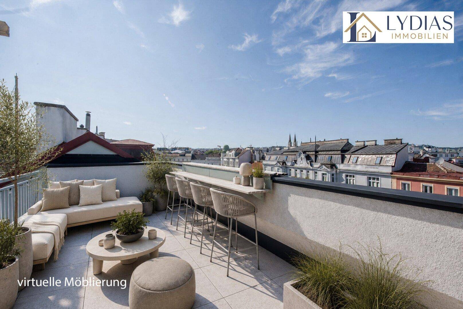 Virtuell möblierte Dachterrasse mit Sitzgelegenheiten und weitem Blick über die Stadt.