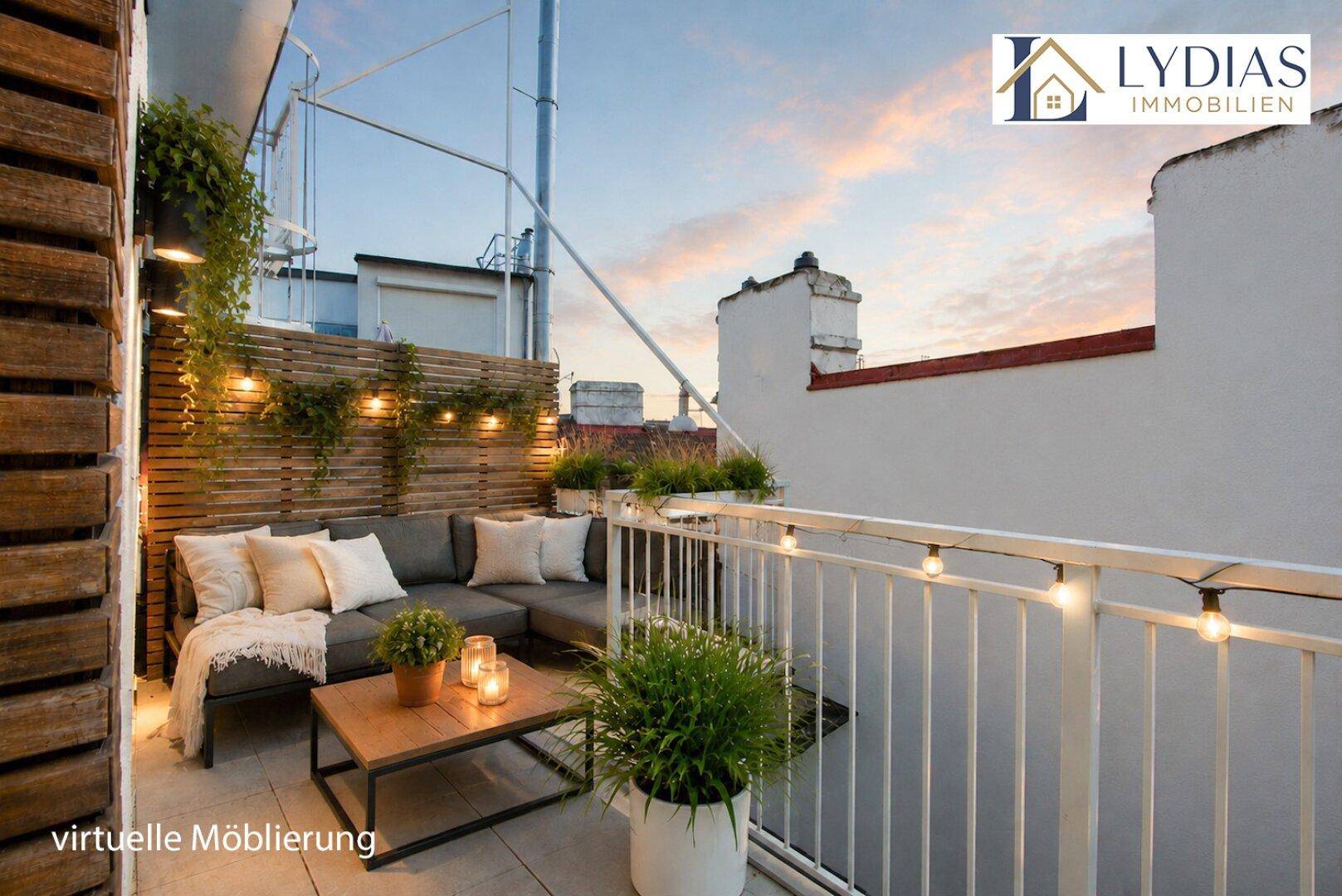 Gemütliche Dachterrasse mit Lounge-Möbeln und stimmungsvoller Beleuchtung für entspannte Abende.