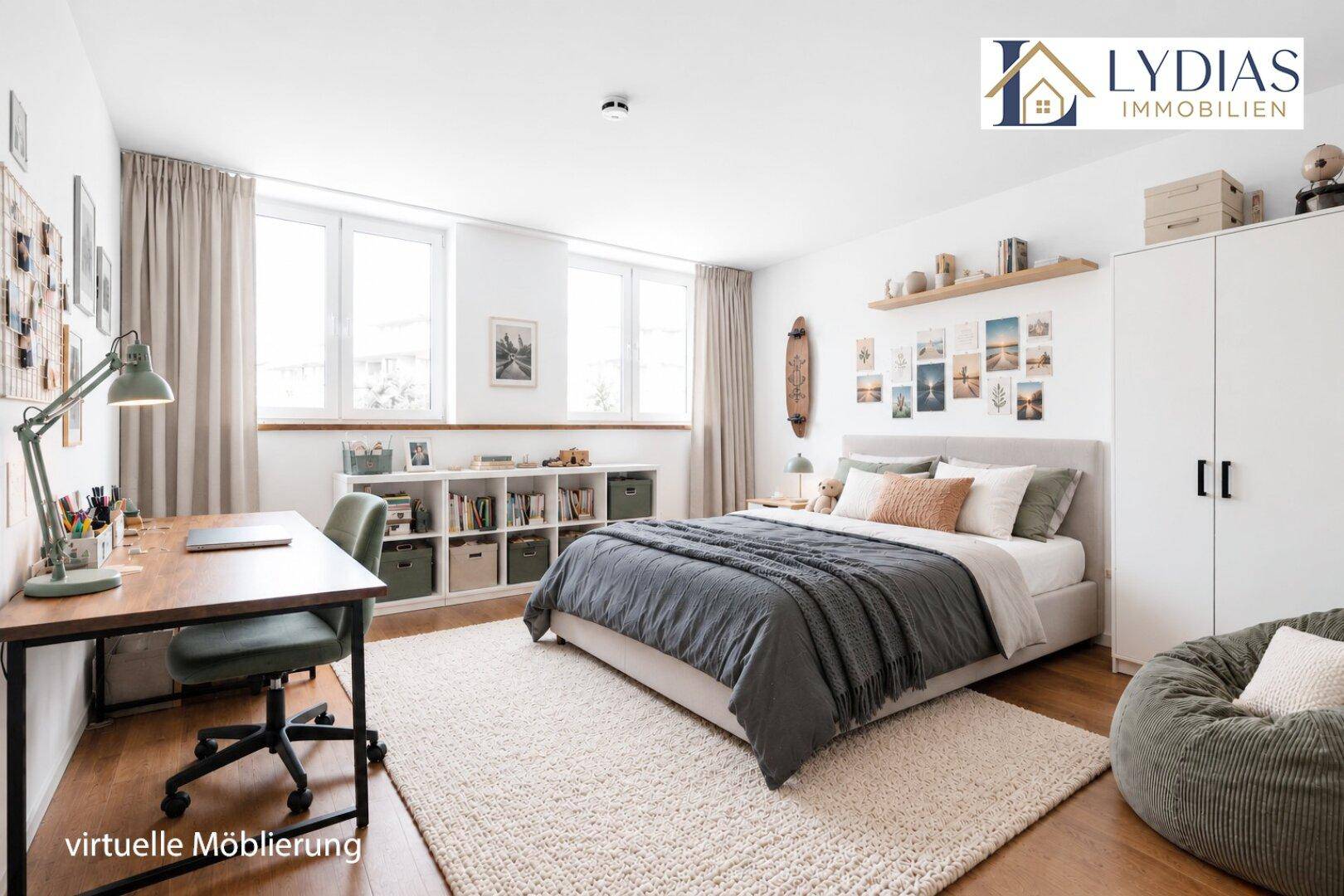 Virtuell möbliertes Schlafzimmer mit Schreibtisch, Bett und dekorativen Regalen.