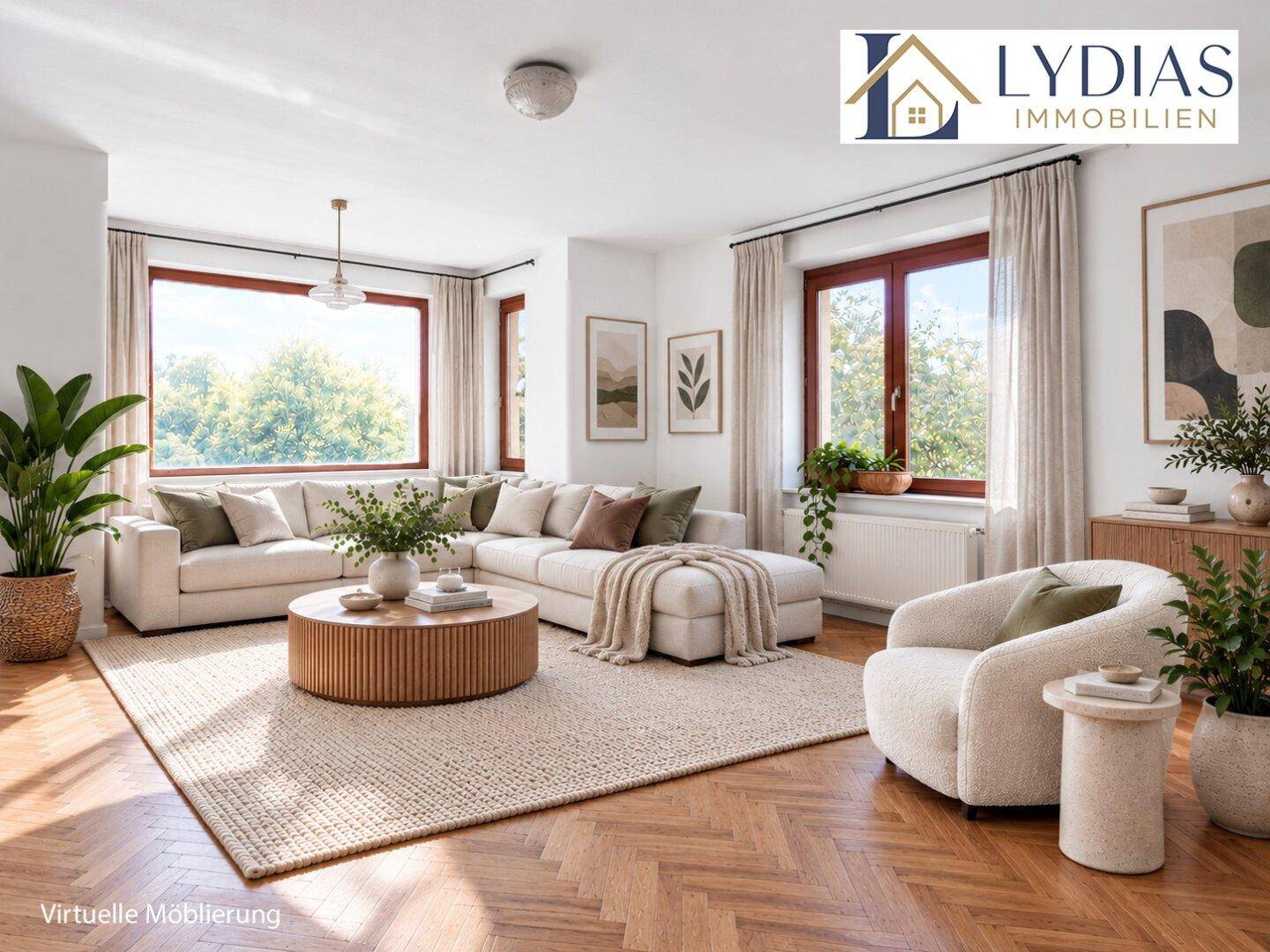 Virtuell möbliertes Wohnzimmer mit modernem Sofa, Couchtisch und hellem Teppich.