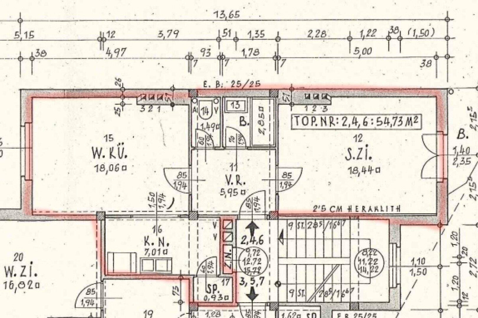 Grundriss einer Wohnung mit Wohnküche, Schlafzimmer und Vorraum, Gesamtfläche 54,73 m².
