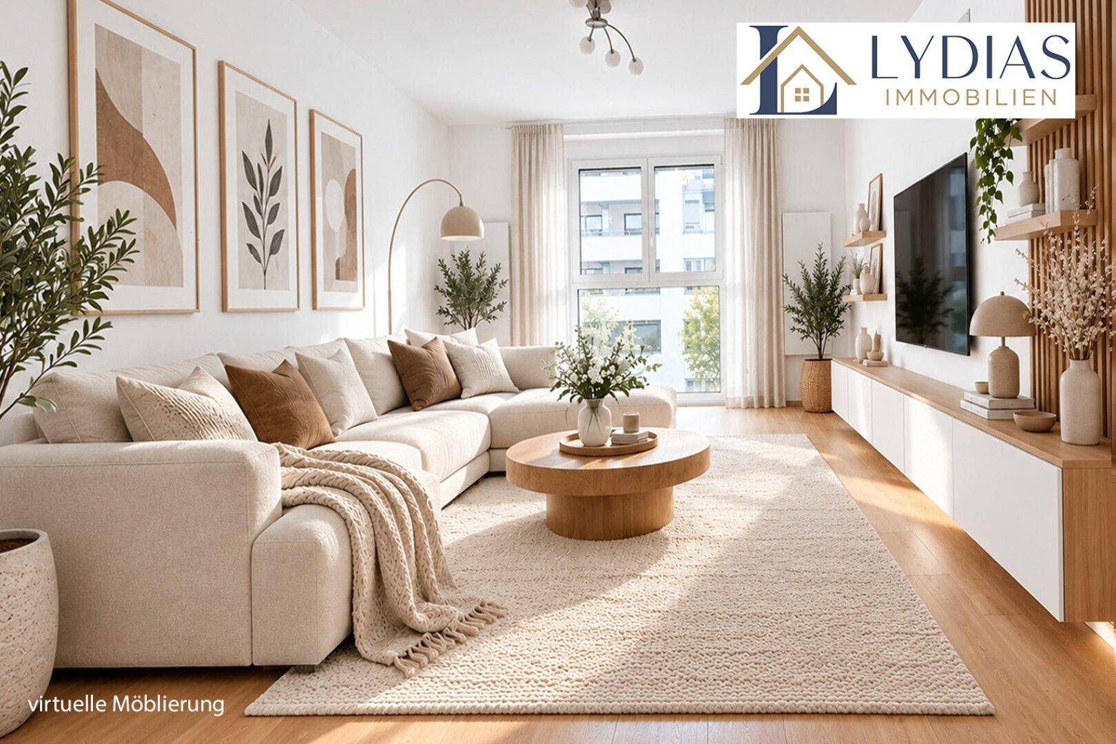 Modern eingerichtetes Wohnzimmer mit beigem Ecksofa, Teppich und Holzboden, virtuell möbliert.