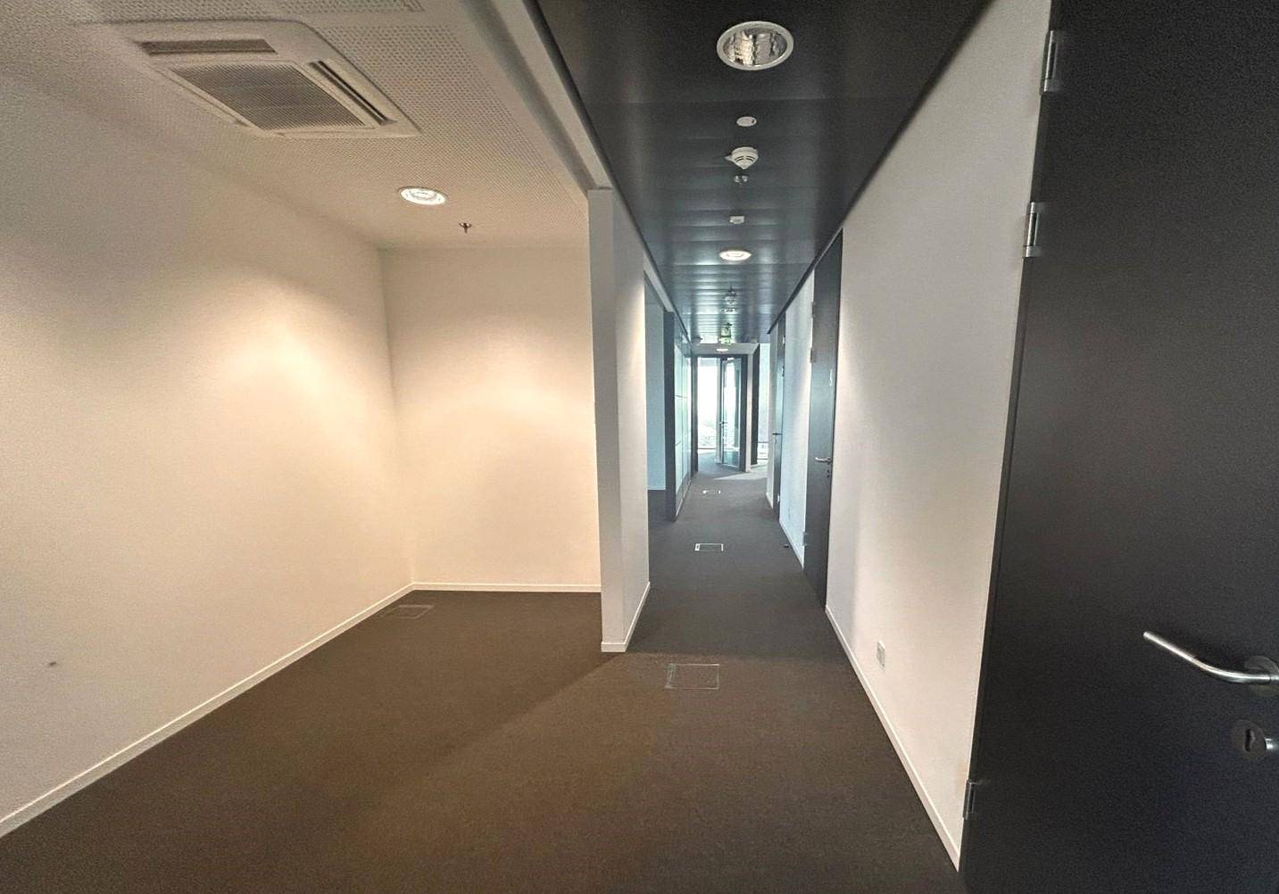 Langer, leerer Büroflur mit dunklem Teppichboden und weiß gestrichenen Wänden, ausgestattet mit moderner Deckenbeleuchtung.